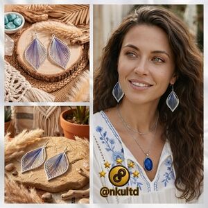 Silver Plated Ombre Blue  Leaf Thread Statement Earrings Boho